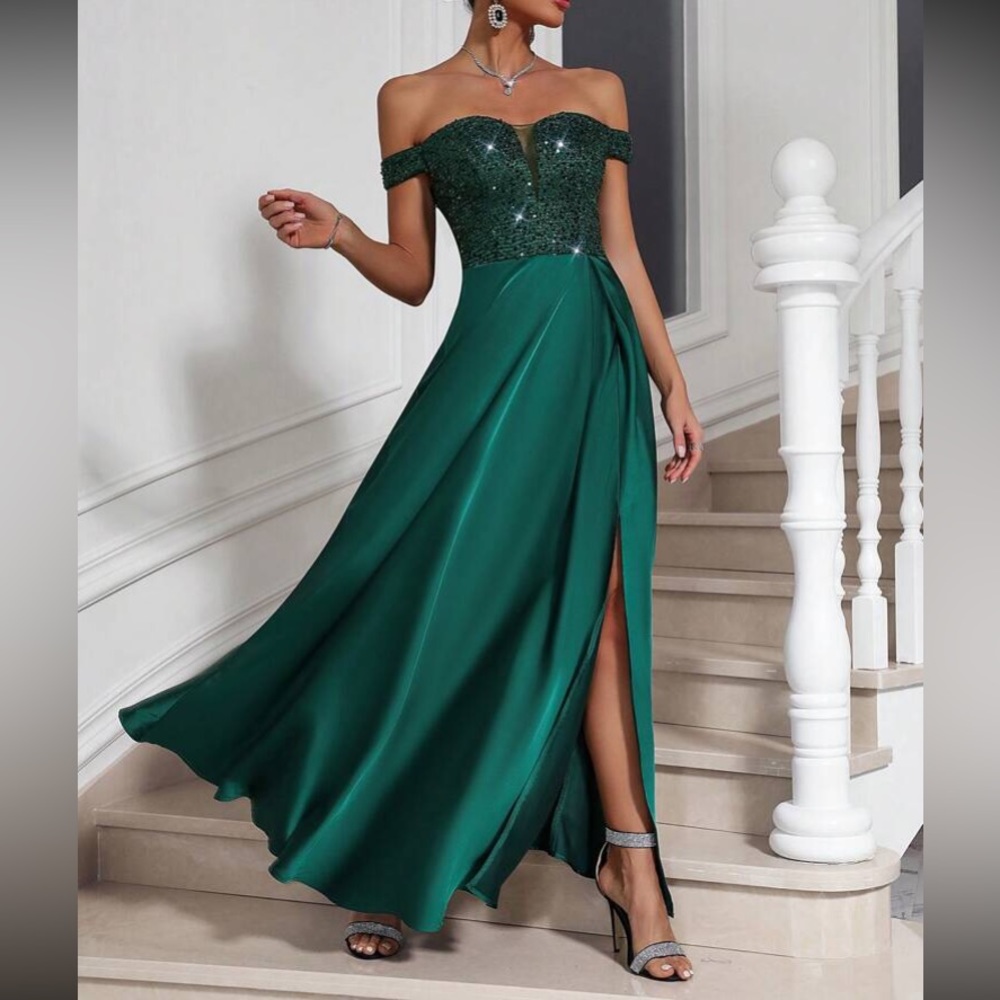 Luxe off shoulder slit thigh party dress